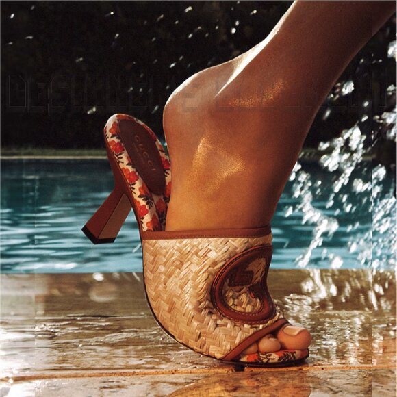 GUCCI Mabel Raffia 39.5EU-9.5US leather Interlocking GG Slide heel Sandals shoes - Picture 2 of 10